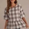 Brown Plaid Short Puff Sleeves Round Neck Top -Women Dress Shop dsc04885