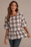 Brown Plaid Short Puff Sleeves Round Neck Top