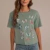 Butterfly Print Round Neck Short Sleeve Cropped Tee -Women Dress Shop dsc05097