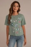Butterfly Print Round Neck Short Sleeve Cropped Tee