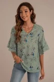 Botanical Print V Neck Flounce Sleeve Top