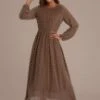 Brown Long Sleeve Round Neck Vienna Textured Maxi Dress -Women Dress Shop dsc05257