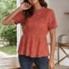 Dark Mauve Cute Short Sleeve Round Neck Lace Peplum Blouse -Women Dress Shop dsc05688