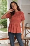 Dark Mauve Cute Short Sleeve Round Neck Lace Peplum Blouse