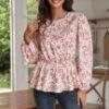 Casual Floral Print Long Sleeve Round Neck Blouse
