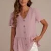 Solid Color Short Sleeve V Neck Button Top -Women Dress Shop dsc06490