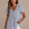 Blue Short Sleeve V Neck Functional Buttons Top -Women Dress Shop dsc06597
