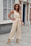 Yellow Stripe Sleeveless V Neck Tie Waist Casual Jumpsuit