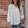 White 3/4 Length Sleeve V Neck Textured Peplum Blouse -Women Dress Shop dsc07178