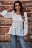 White Long Sleeve Square Neck Shirring Blouse