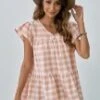 Pink Plaid Short Ruffle Sleeve V Neck Shirt