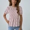 Floral Shirring Ruffle Short Sleeve Round Neck Shirt