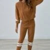 Brown Long Sleeve Home Casual Stripe Hoodie Loungewear Set With Pockets -Women Dress Shop dsc09056