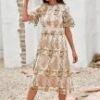 Floral Round Neck Short Sleeve Embroidery Lined Midi Dress -Women Dress Shop gty00251