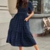 Navy Short Sleeve Round Neck Plaid Cotton Maxi Dress -Women Dress Shop gty00284