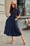 Navy Short Sleeve Round Neck Plaid Cotton Maxi Dress