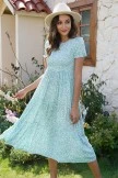 Light Green Elastic Waist Floral Printed Short Sleeve Round Neck Midi Dress