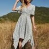 Floral 3/4 Length Sleeve V Neck Irregular Midi Dress -Women Dress Shop phd 1831