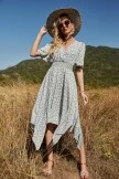 Floral 3/4 Length Sleeve V Neck Irregular Midi Dress