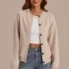 Taupe Long Sleeve Round Neck Cardigan With Buttons -Women Dress Shop plca3083102 1