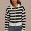Black Striped Long Sleeve Collared Neck Zip Up Sweatshirt -Women Dress Shop plfw30624 1