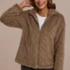 Coffee Long Sleeve Zip Up Pile Fleece Sweatshirt -Women Dress Shop plfw30625 1