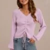 Lilac Trumpet Long Sleeve V Neck Drawstring Sweater 1 Lilac Trumpet Long Sleeve V Neck Drawstring Sweater -Women Dress Shop plfw30626 1