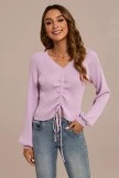 Lilac Trumpet Long Sleeve V Neck Drawstring Sweater