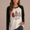Christmas Print Round Neck Colorblock Raglan Sleeve Top -Women Dress Shop plxmas060903 3