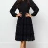 Round Neck Elasticised Waist Long Sleeve Midi Dress -Women Dress Shop ppdr1911076 01