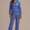 Blue Monkey Print Long Sleeve Collared Neck Buttons Loungewear Set -Women Dress Shop ptp2062706 1
