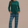Green Plaid Long Sleeve Round Neck Loungewear Set -Women Dress Shop ptp2062719 1