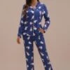 Polar Bear Print Long Sleeve Collared Neck Buttons Loungewear Set -Women Dress Shop ptp2062722 1