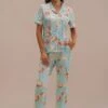 Peach Print Short Sleeve Collared Neck Buttons Loungewear Set