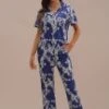 Navy Floral Short Sleeve Collared Neck Loungewear Set