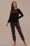 Black Christmas Print Long Sleeve Round Neck Loungewear Set