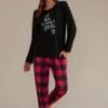 Black Plaid Long Sleeve Round Neck Loungewear Set