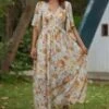 Floral Print Layer Short Sleeve V Neck Maxi Dress -Women Dress Shop rld057 1