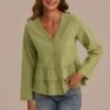 Green V Neck Long Sleeve Tiered Layer Peplum Blouse