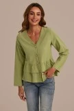 Green V Neck Long Sleeve Tiered Layer Peplum Blouse