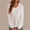 White Round Neck Long Sleeve Button Up Blouse