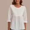 White Round Neck 3/4 Sleeve Flared Hem Blouse -Women Dress Shop t2072803 1