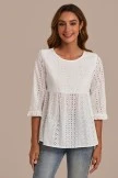 White Round Neck 3/4 Sleeve Flared Hem Blouse