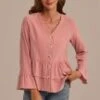 Button Up V Neck Long Sleeve Blouse -Women Dress Shop t2092901 1