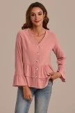 Button Up V Neck Long Sleeve Blouse