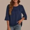 Navy Blue Round Neck 3/4 Sleeve Blouse