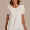 White Round Neck Puff Short Sleeve Smocked Blouse -Women Dress Shop t3032304 1