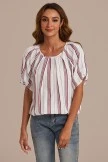 Stripe Short Sleeve Pleated Neck Bubble Blouse