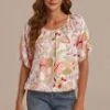 Floral Short Sleeve Pleated Neck Bubble Hem Blouse